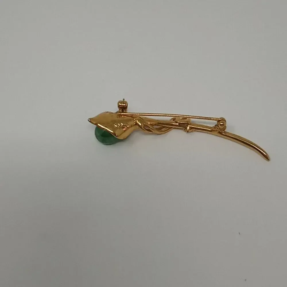 Gold Tone Lily Shaped Pin With Green Cabochon Brooch